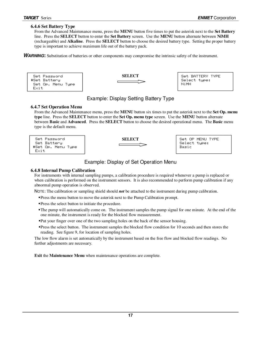 O2 Innovations pmn manual Example Display Setting Battery Type, Example Display of Set Operation Menu, Set Battery Type 