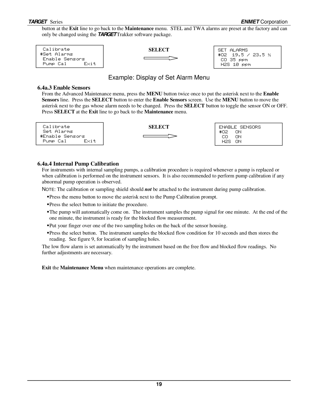 O2 Innovations pmn manual 4a.3 Enable Sensors, 4a.4 Internal Pump Calibration 