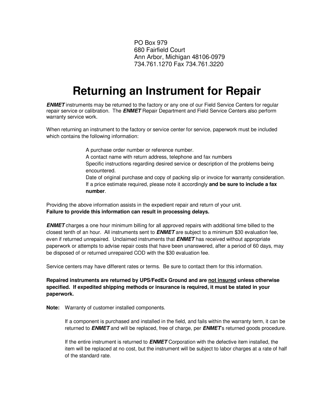 O2 Innovations pmn manual Returning an Instrument for Repair, PO Box Fairfield Court Ann Arbor, Michigan 734.761.1270 Fax 