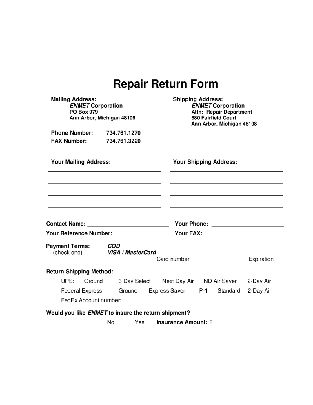 O2 Innovations pmn manual Repair Return Form 