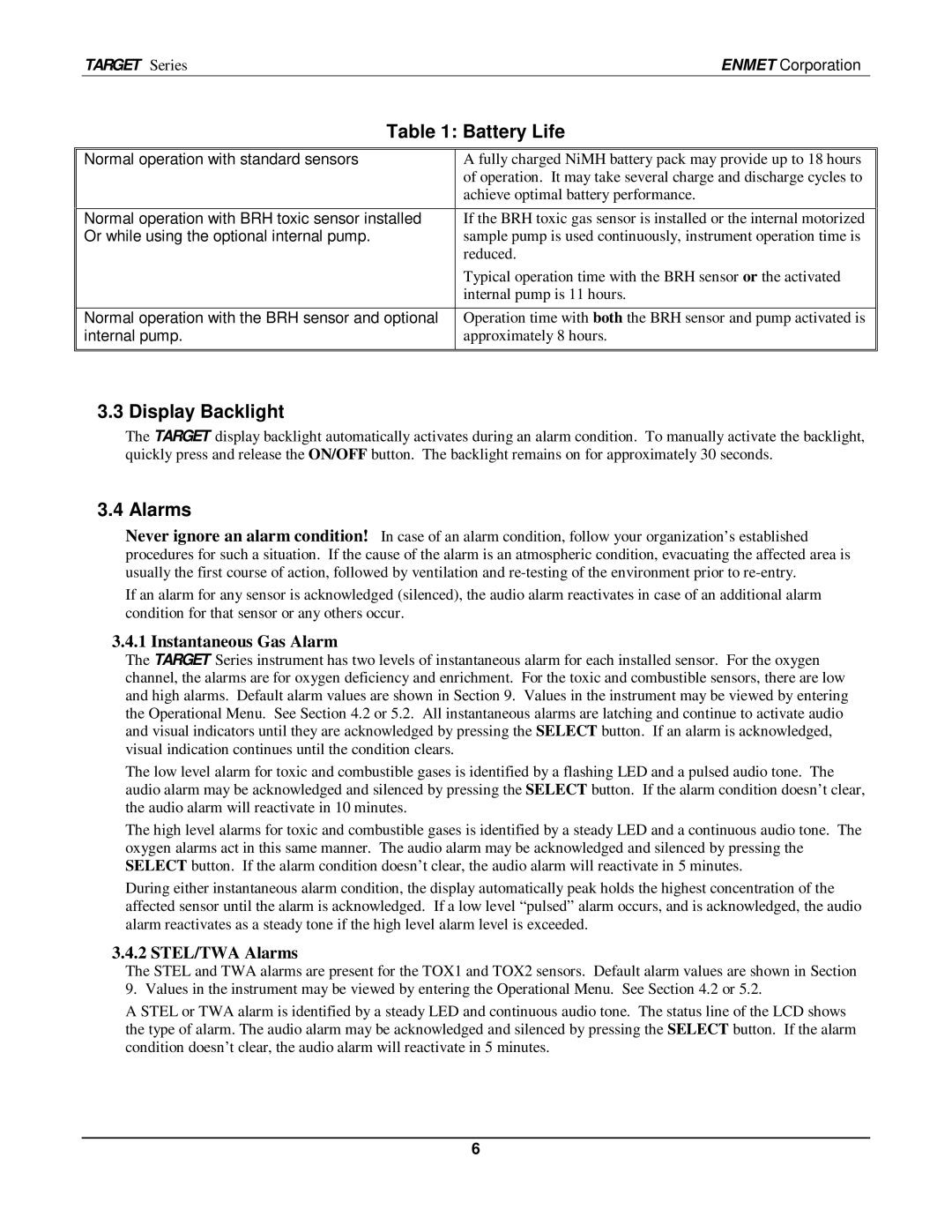 O2 Innovations pmn manual Battery Life, Display Backlight, Instantaneous Gas Alarm, STEL/TWA Alarms 