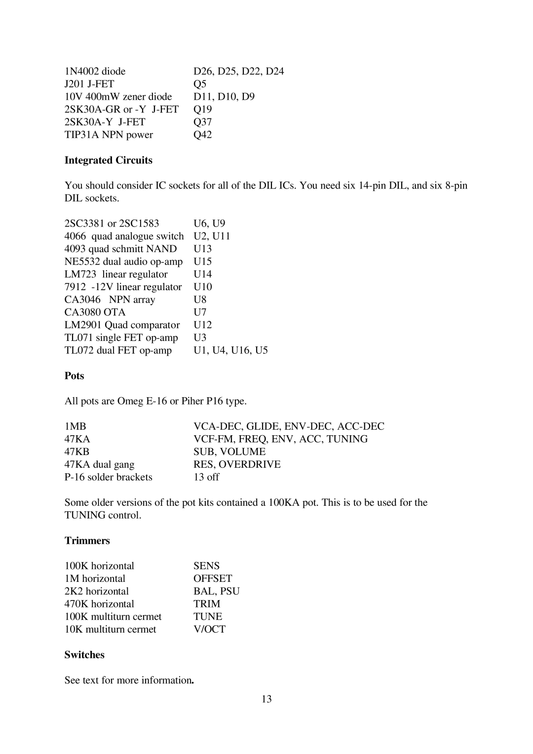 Oakley 3031 manual Integrated Circuits, Pots, Trimmers, Switches 