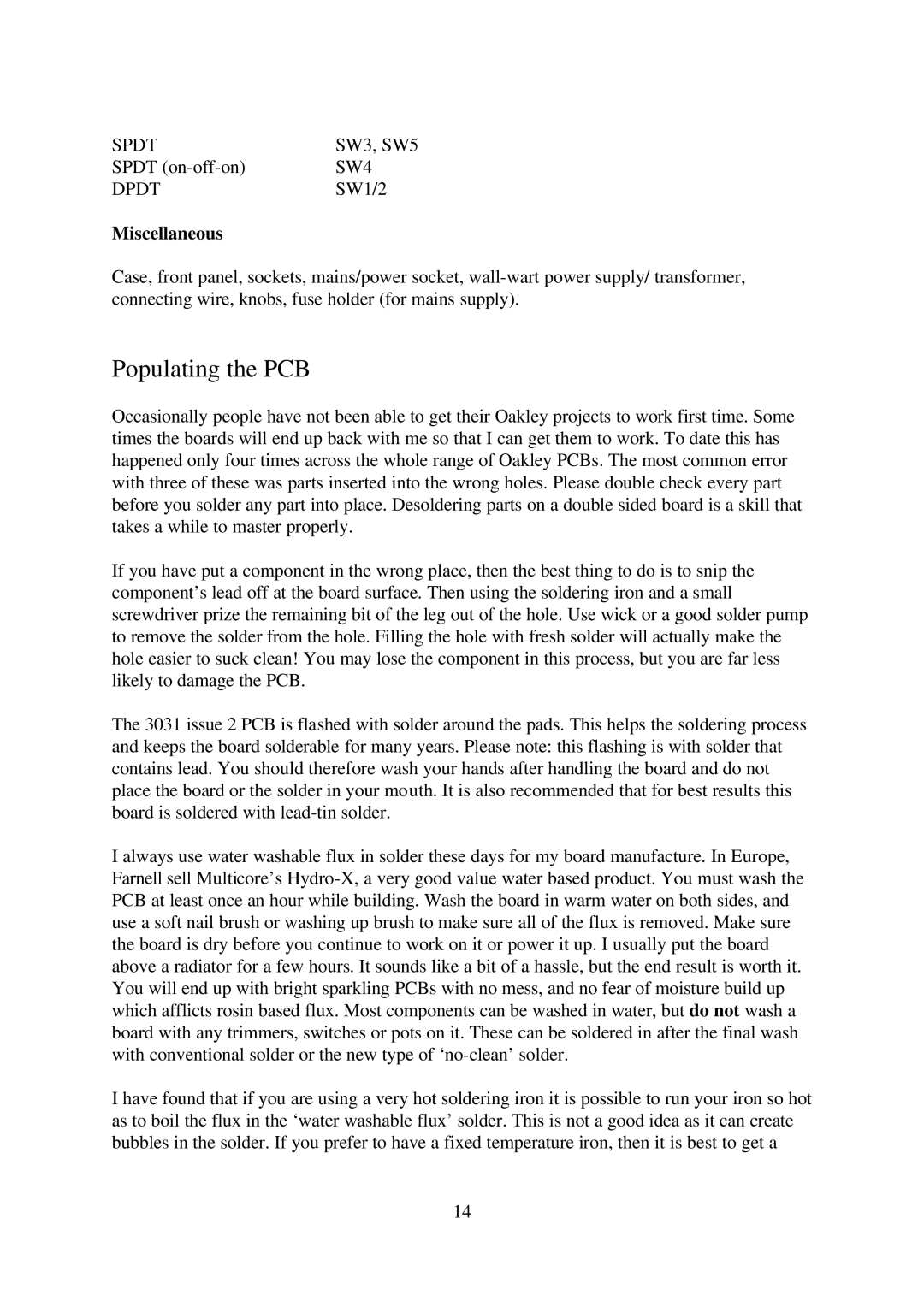 Oakley 3031 manual Populating the PCB, SW4, Miscellaneous 