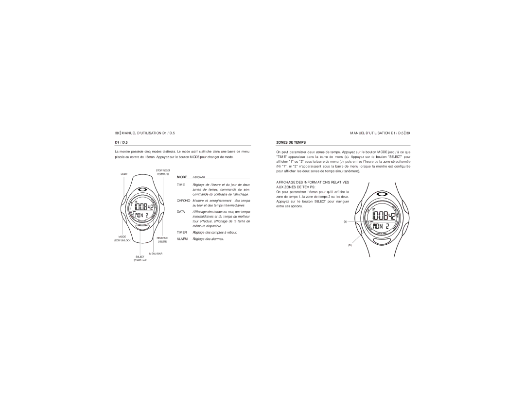 Oakley D1 manual Zones DE Temps, Pour afficher les deux zones de temps simultanément 