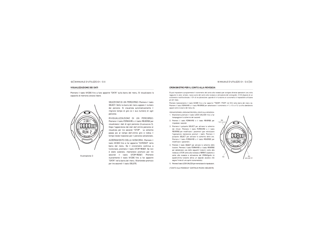Oakley D1 manual Visualizzazione DEI Dati, Cronometro PER IL Conto Alla Rovescia, Percorso 