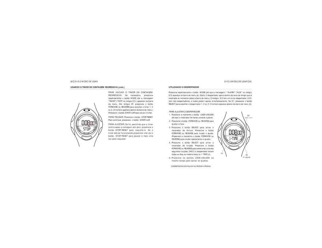 Oakley manual 82 D1/D.5 Modo DE Usar, Usando O Timer DE Contagem Regressiva, Utilizando O Despertador 