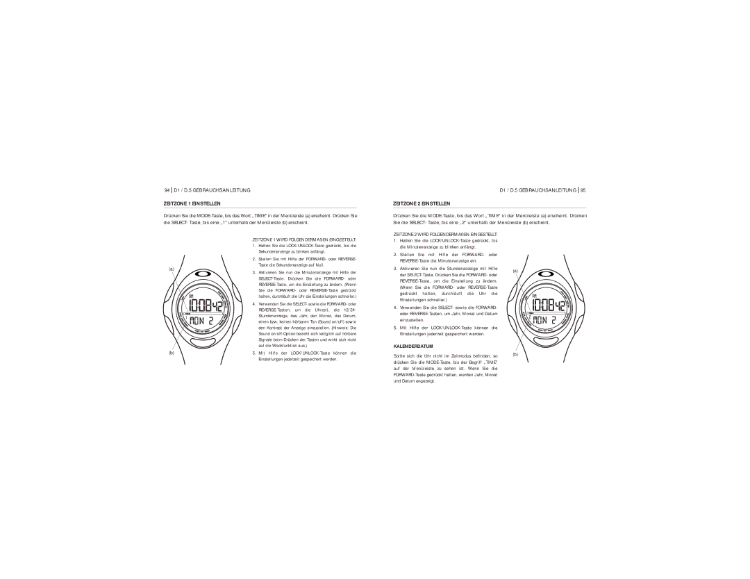 Oakley manual 94 D1 / D.5 Gebrauchsanleitung, Zeitzone 1 Einstellen, Zeitzone 2 Einstellen 