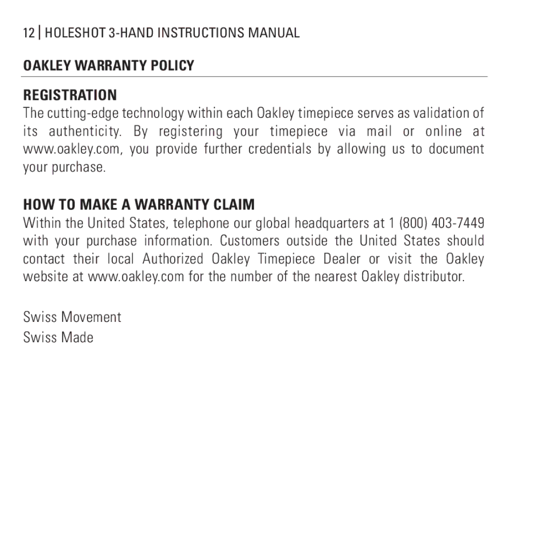 Oakley Holeshot 3 Hand manual Registration HOW to Make a Warranty Claim 