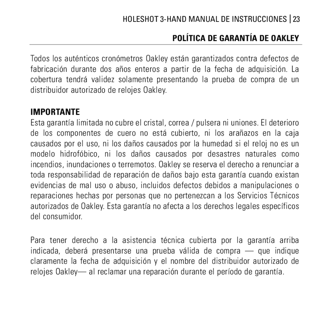 Oakley Holeshot 3 Hand manual Importante, Política DE Garantía DE Oakley 