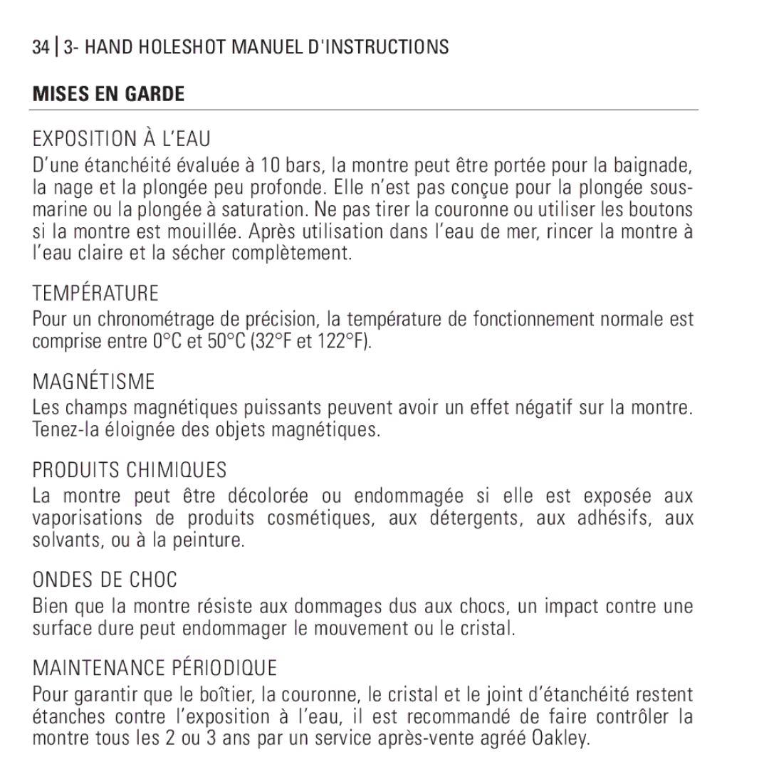 Oakley Holeshot 3 Hand manual Exposition À L’EAU, Température, Magnétisme, Produits Chimiques, Ondes DE Choc 