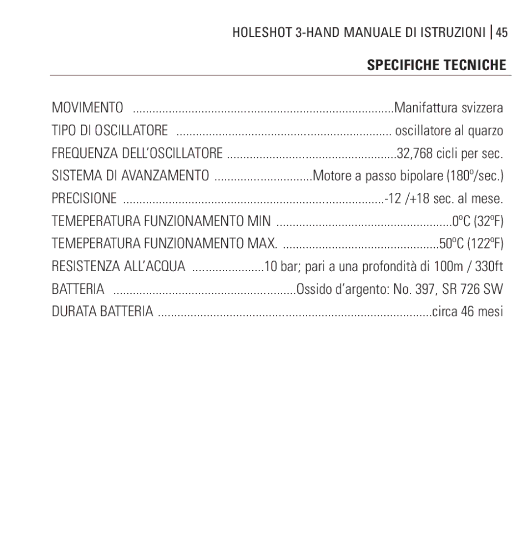 Oakley Holeshot 3 Hand manual Specifiche Tecniche, 12 /+18 sec. al mese 