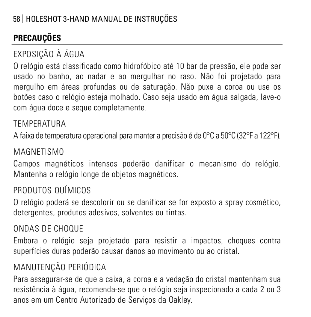 Oakley Holeshot 3 Hand manual Exposição À Água, Produtos Químicos, Manutenção Periódica, Precauções 