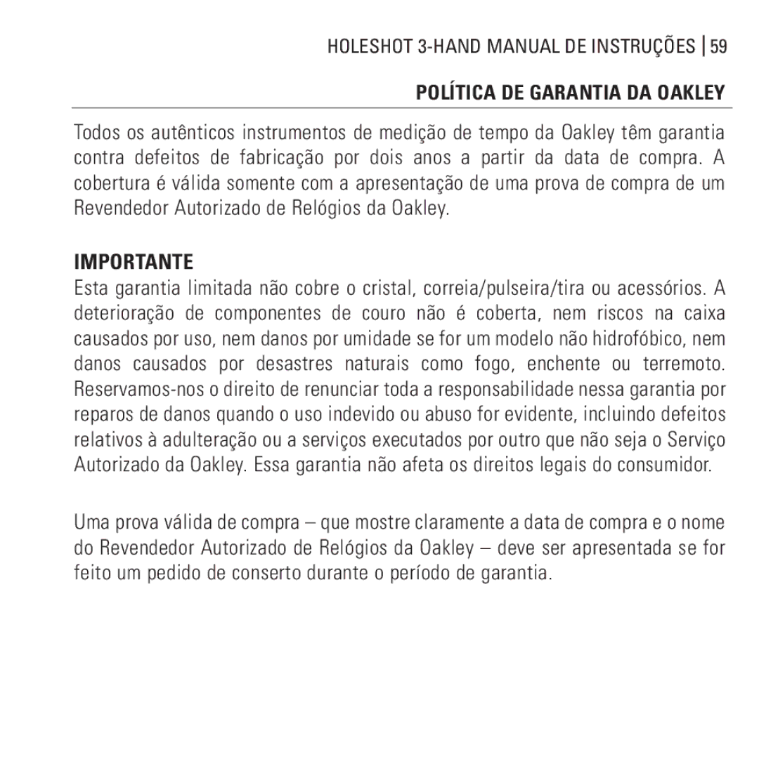 Oakley Holeshot 3 Hand manual Importante, Política DE Garantia DA Oakley 