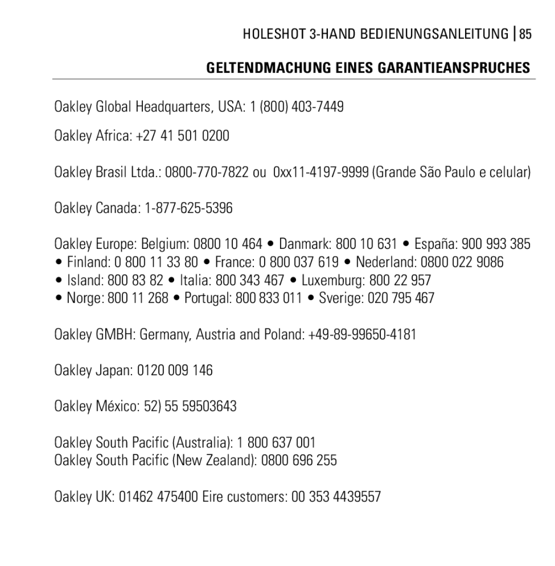 Oakley Holeshot 3 Hand manual Geltendmachung Eines Garantieanspruches 