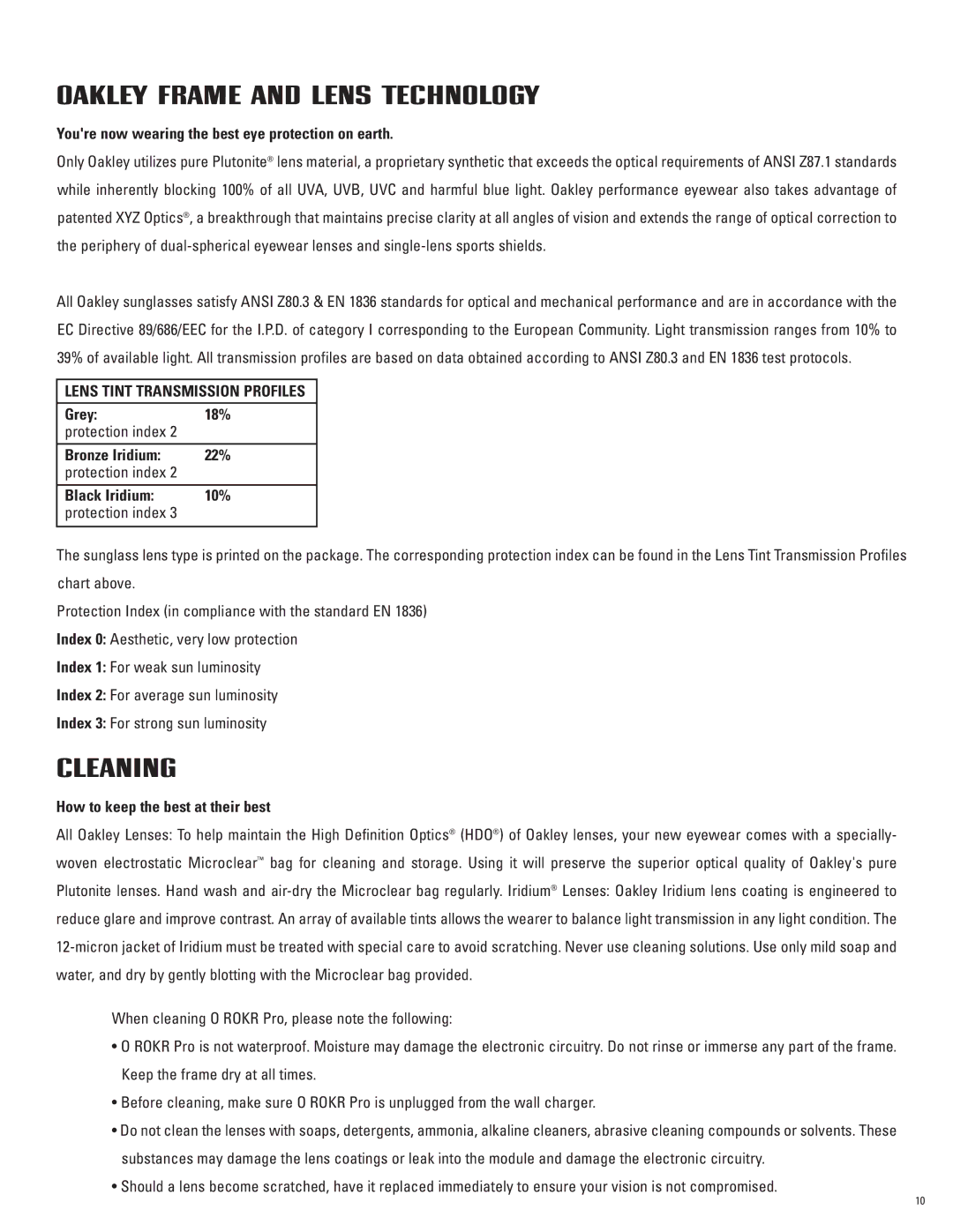 Oakley O ROKR Pro manual Oakley Frame and Lens Technology, Cleaning, Lens Tint Transmission Profiles 