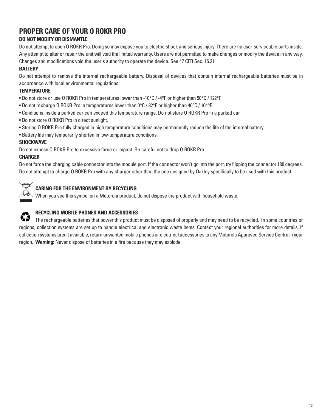 Oakley O ROKR Pro manual Do not Modify or Dismantle, Battery, Temperature, Shockwave, Charger 