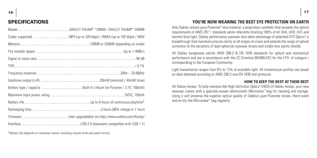 Oakley THUMP manual Specifications, YOU’RE NOW Wearing the Best EYE Protection on Earth 