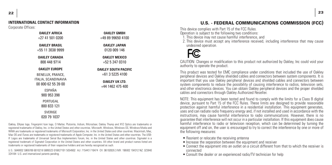 Oakley THUMP manual Federal Communications Commission FCC, International Contact Information 