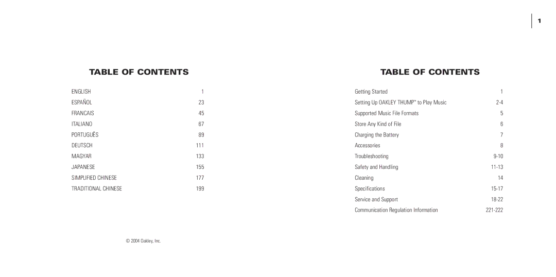 Oakley THUMP manual Table of Contents 