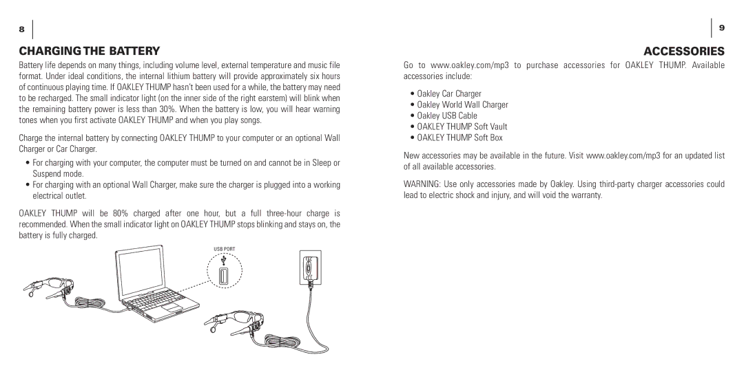 Oakley THUMP manual Charging the Battery, Accessories 