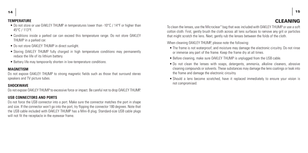 Oakley THUMP manual Cleaning, Temperature, Magnetism, Shockwave, USB Connectors and Ports 