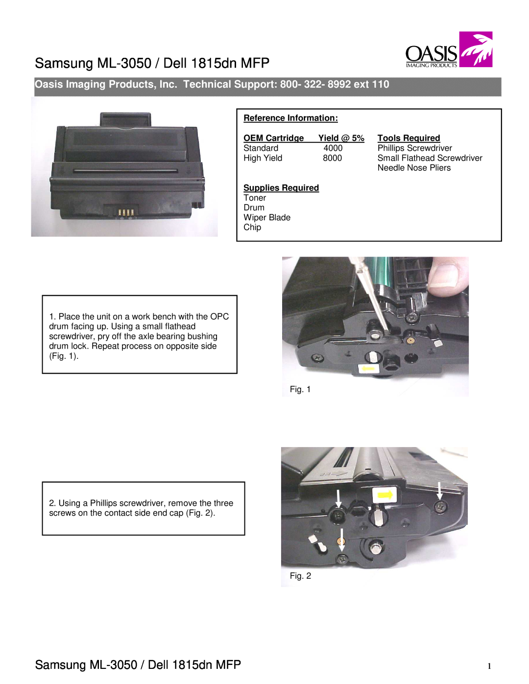 Oasis Concepts manual Samsung ML-3050 /Dell 1815dn MFP, Reference Information, OEM Cartridge, Yield @ 5% 