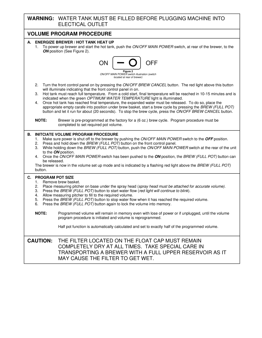 Oasis Concepts FSTB-A80 Energize Brewer / HOT Tank Heat UP, Initciate Volume Program Procedure, Program POT Size 