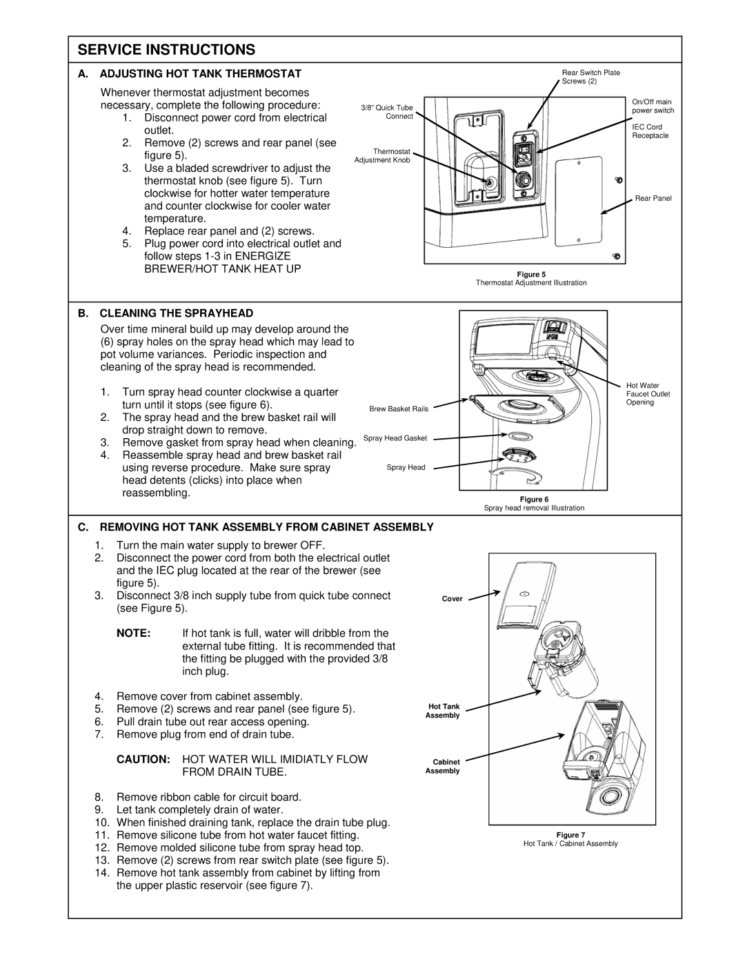 Oasis Concepts FSTB-A60 Service Instructions, Adjusting HOT Tank Thermostat, Cleaning the Sprayhead, From Drain Tube 