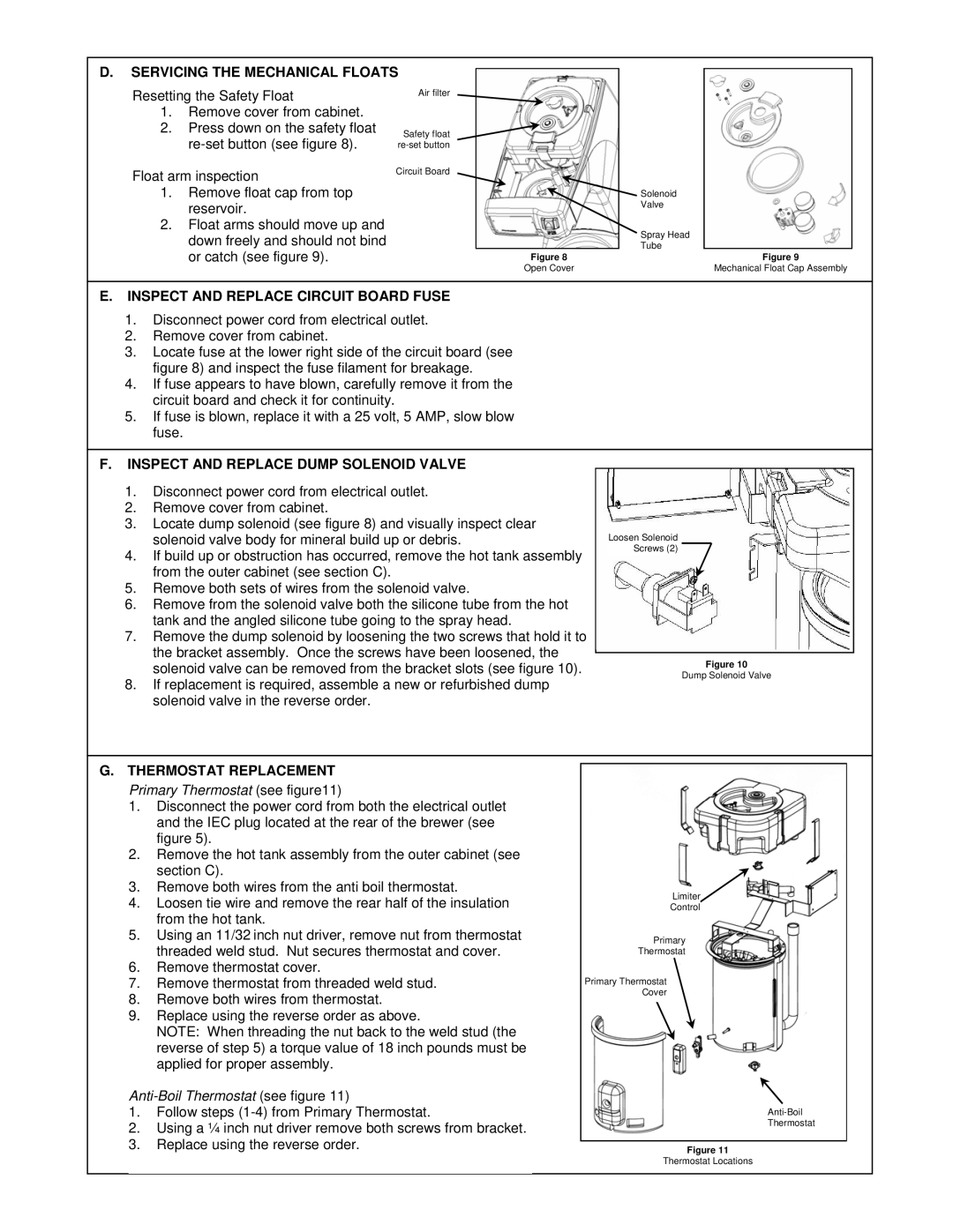 Oasis Concepts FSTB-A80, FSTB-A60C operation manual Servicing the Mechanical Floats, Inspect and Replace Circuit Board Fuse 