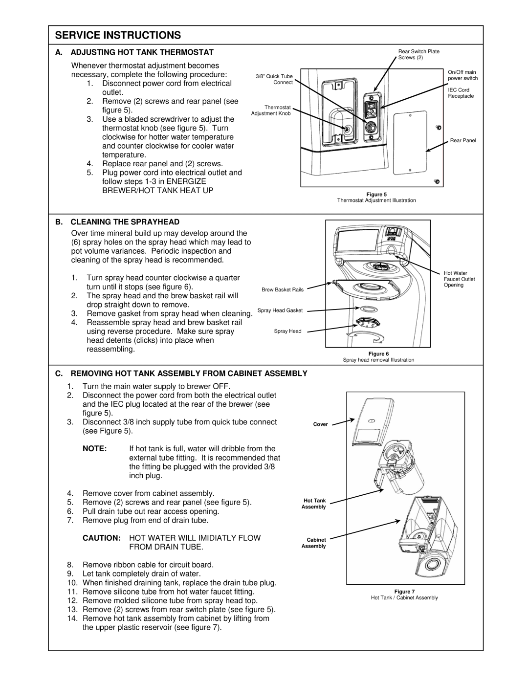 Oasis Concepts FSTB-A60, FSTB-A80 Service Instructions, A. Adjusting Hot Tank Thermostat, B. Cleaning The Sprayhead 