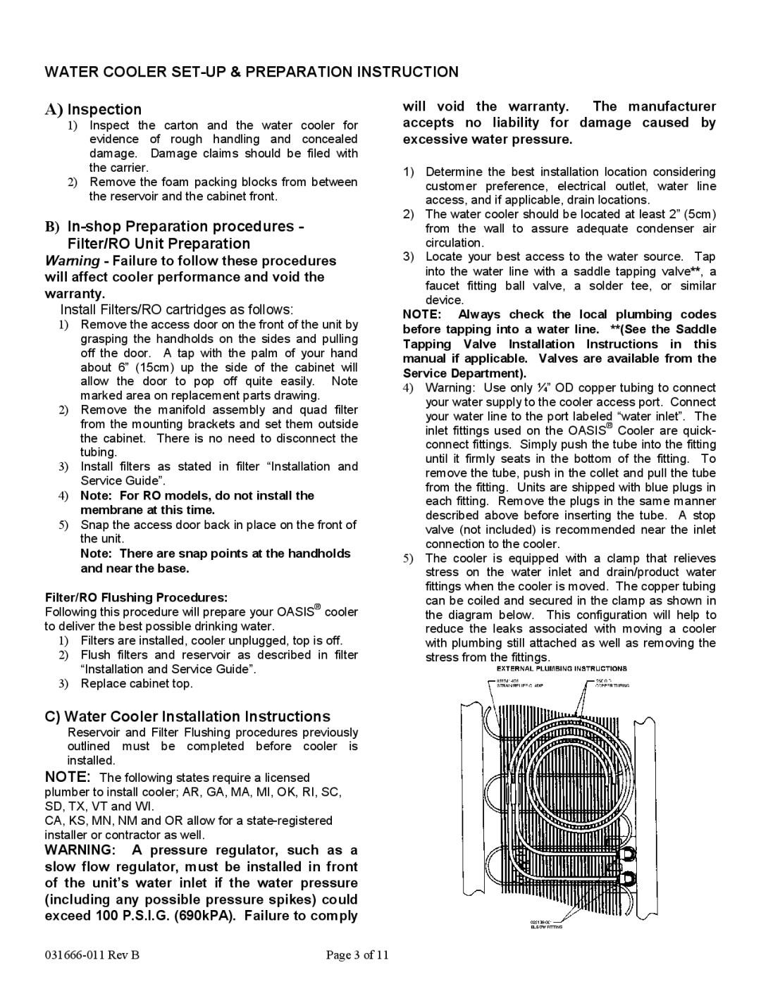 Oasis Concepts PHT1AQK Water Cooler SET-UP & Preparation Instruction, Inspection, Water Cooler Installation Instructions 