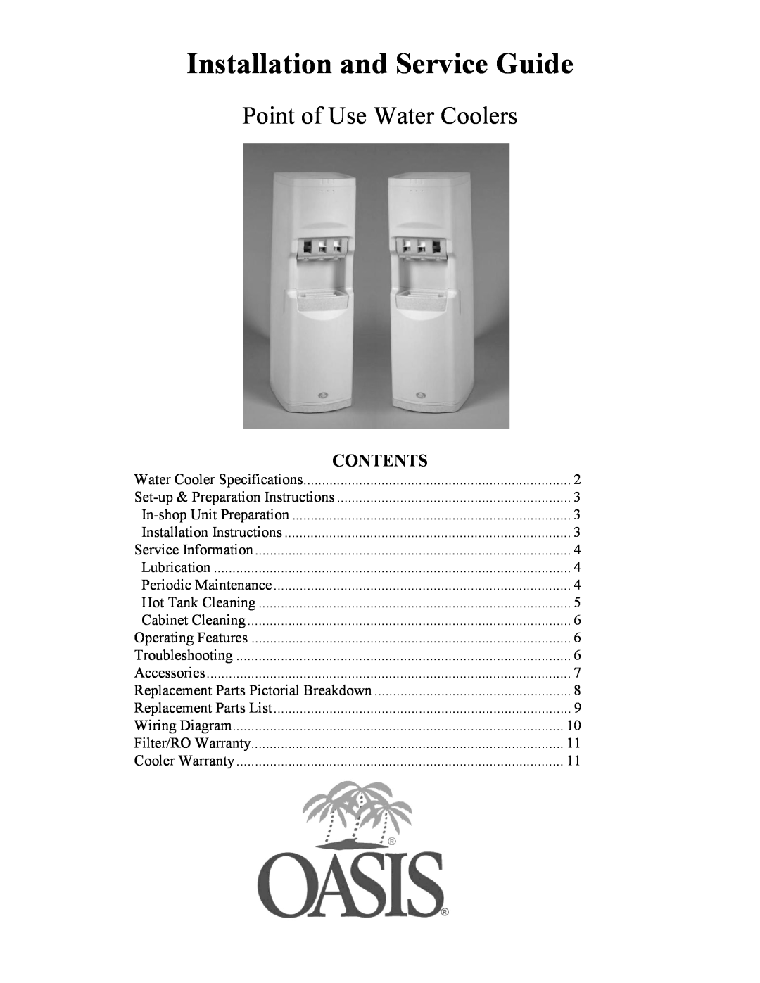 Oasis Concepts PHT1AQK specifications Contents, Installation and Service Guide, Point of Use Water Coolers 