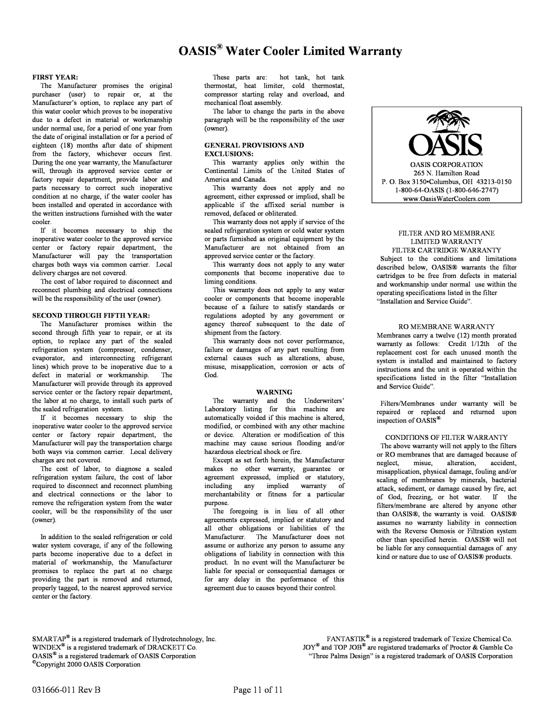 Oasis Concepts PHT1AQK specifications OASIS Water Cooler Limited Warranty, 031666-011Rev B, Page 11 of, First Year 