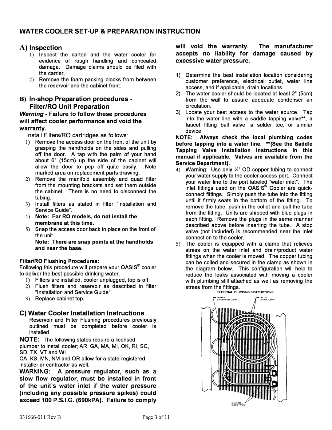 Oasis Concepts PHT1AQK Water Cooler Set-Up& Preparation Instruction, AInspection, BIn-shopPreparation procedures 