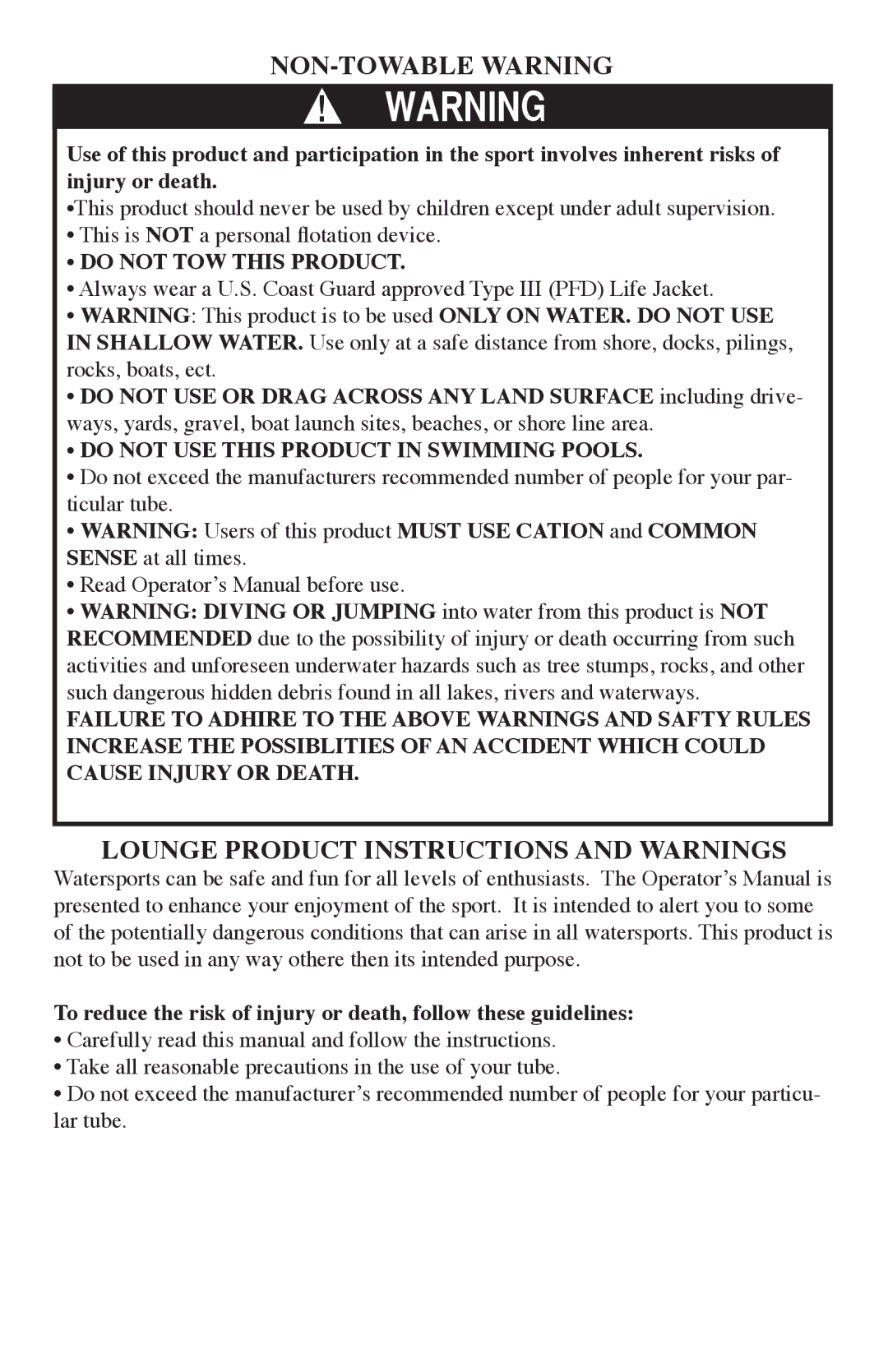 O'Brien 2101517, 2101522, 2101523, 2101521, 2101512, 2101503 NON-TOWABLE Warning, Lounge Product Instructions and Warnings 