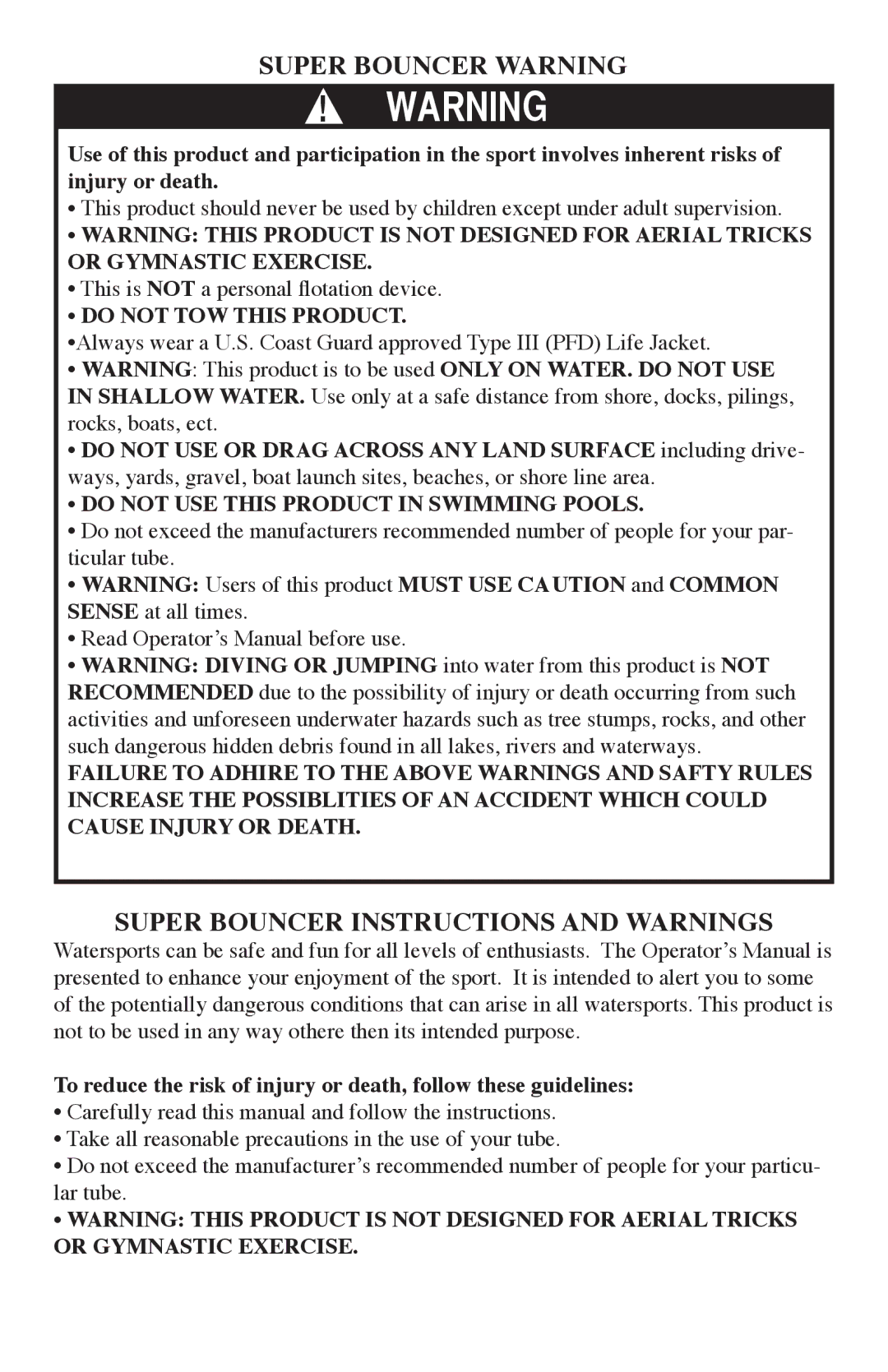 O'Brien 2101512, 2101522, 2101523, 2101521, 2101517, 2101503 Super Bouncer Warning, Super Bouncer Instructions and Warnings 