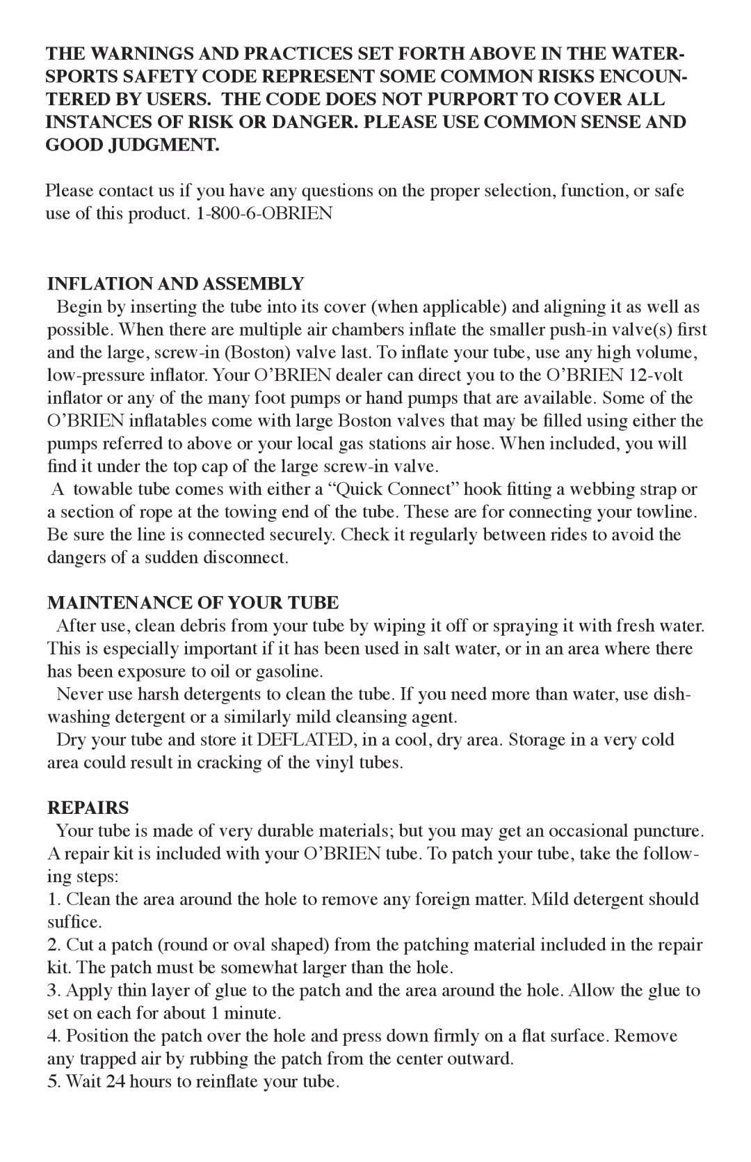 O'Brien 2101505, 2101522, 2101523, 2101521, 2101517, 2101512, 2101503 Inflation and Assembly, Maintenance of Your Tube, Repairs 