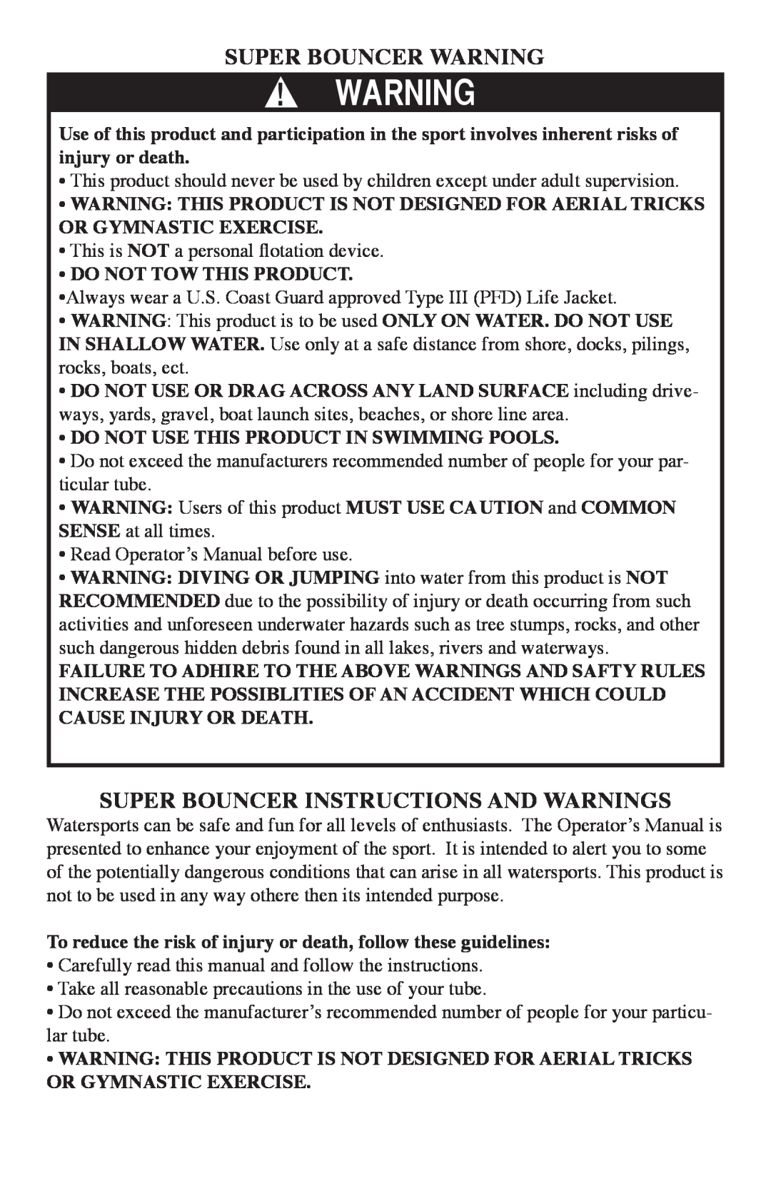 O'Brien 2101512, 2101522, 2101523 Super Bouncer Warning, Super Bouncer Instructions And Warnings, Do Not Tow This Product 