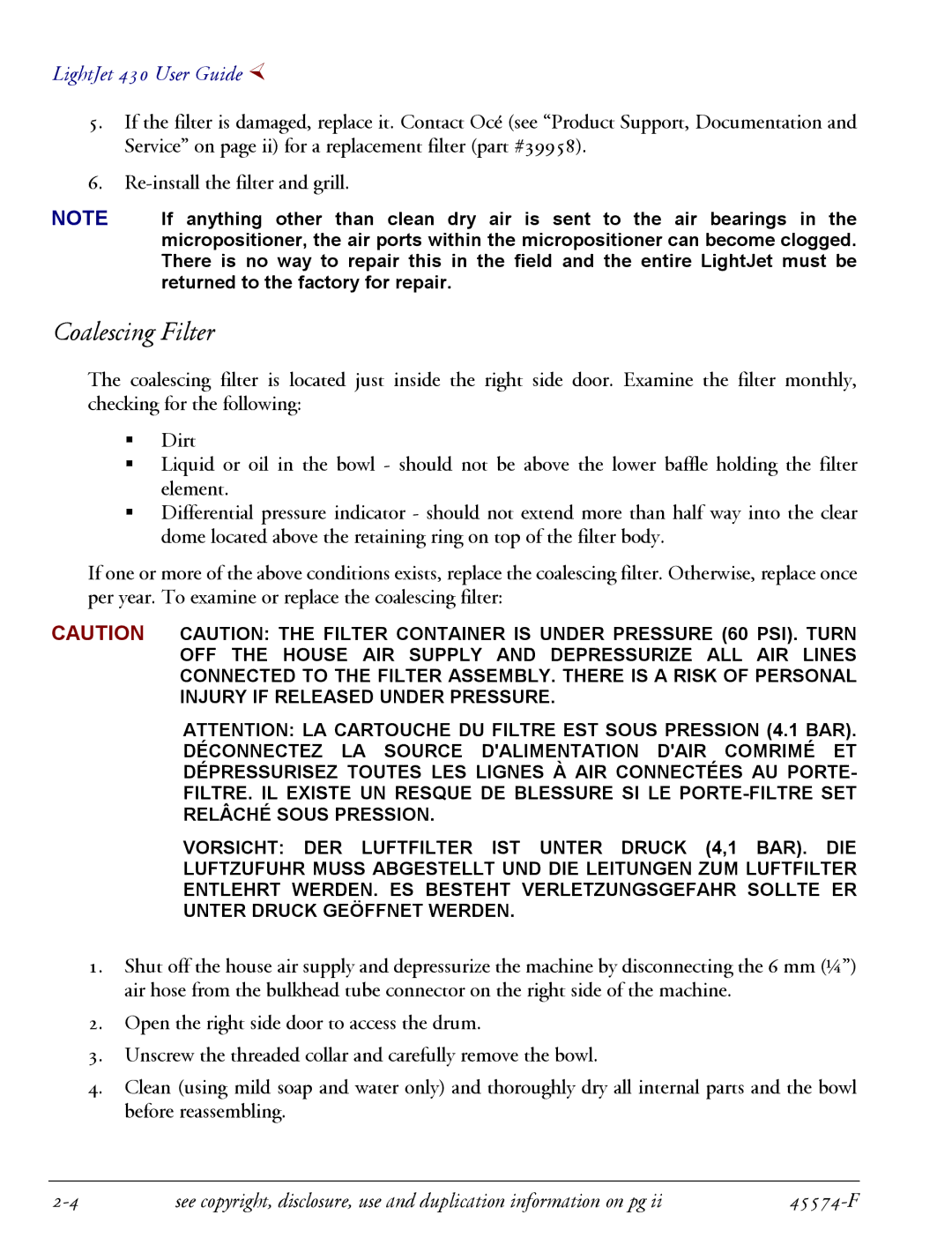 Oce North America 430 manual Coalescing Filter 