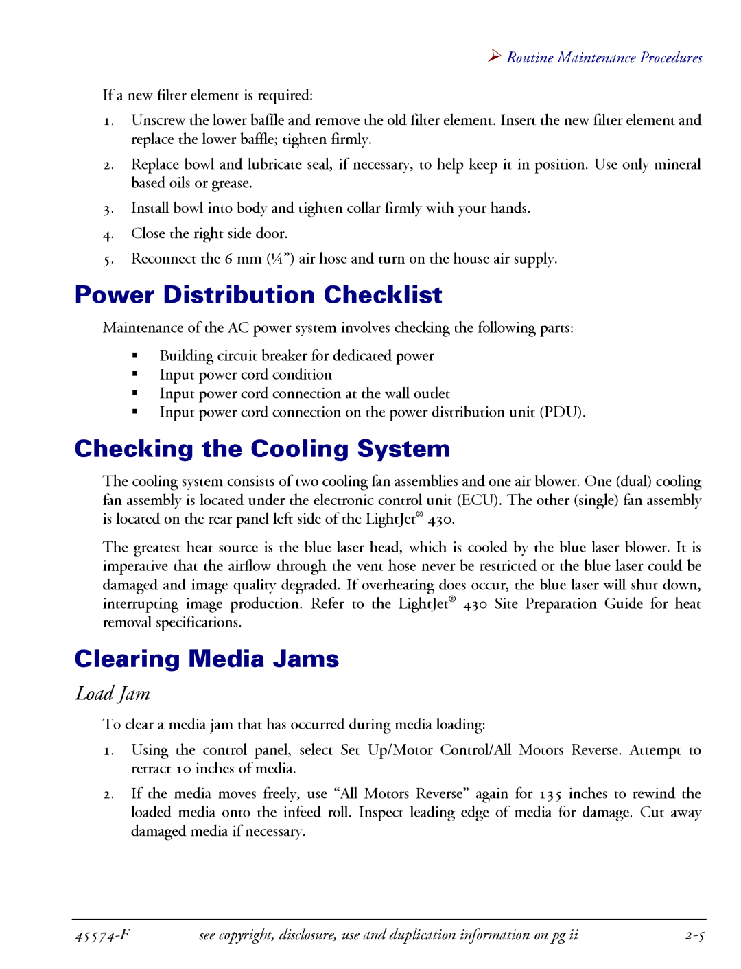 Oce North America 430 manual Power Distribution Checklist, Checking the Cooling System, Clearing Media Jams, Load Jam 