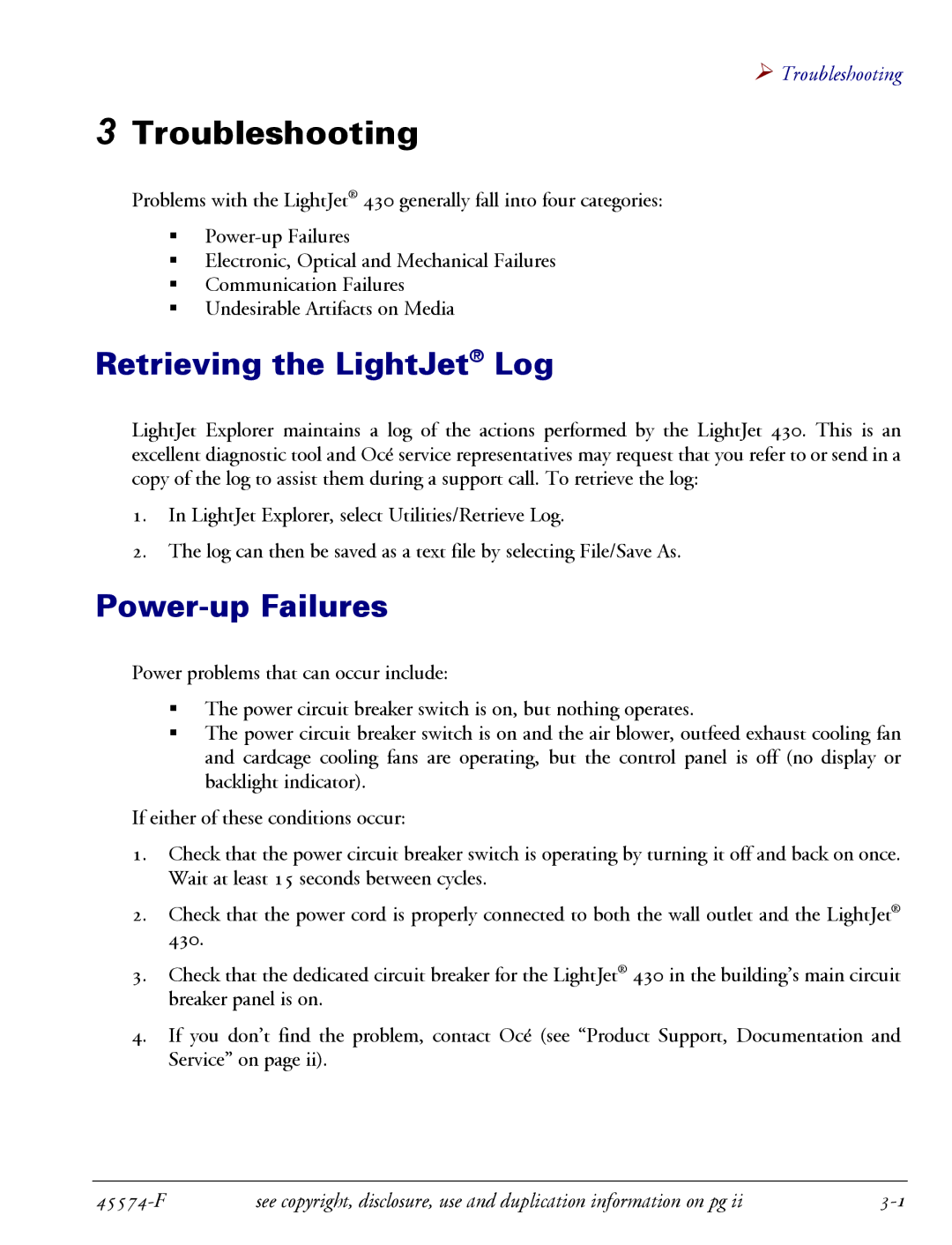 Oce North America 430 manual Retrieving the LightJet Log, Power-up Failures 