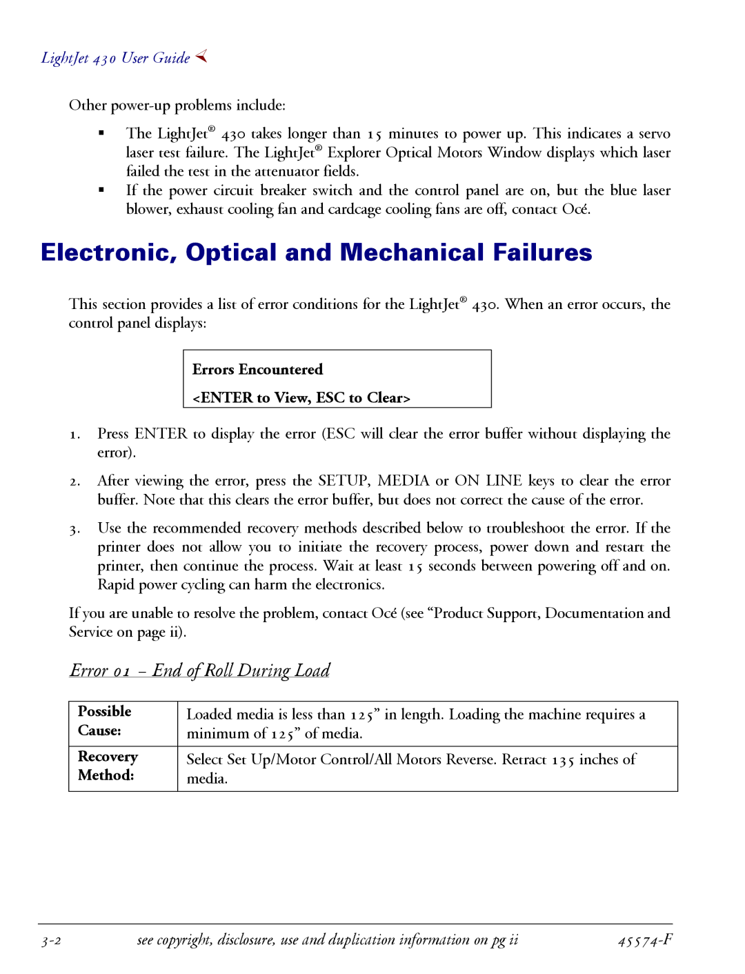 Oce North America 430 manual Electronic, Optical and Mechanical Failures, Error 01 End of Roll During Load 