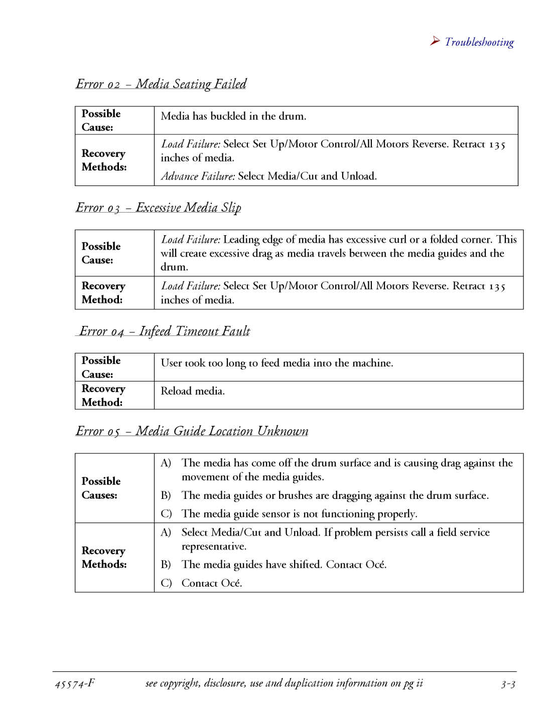 Oce North America 430 manual Error 02 Media Seating Failed, Error 03 Excessive Media Slip, Error 04 Infeed Timeout Fault 