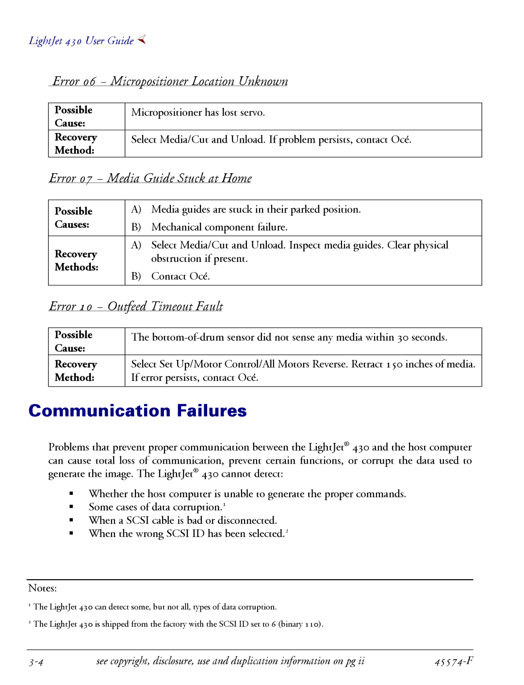 Oce North America 430 Communication Failures, Error 06 Micropositioner Location Unknown, Error 10 Outfeed Timeout Fault 