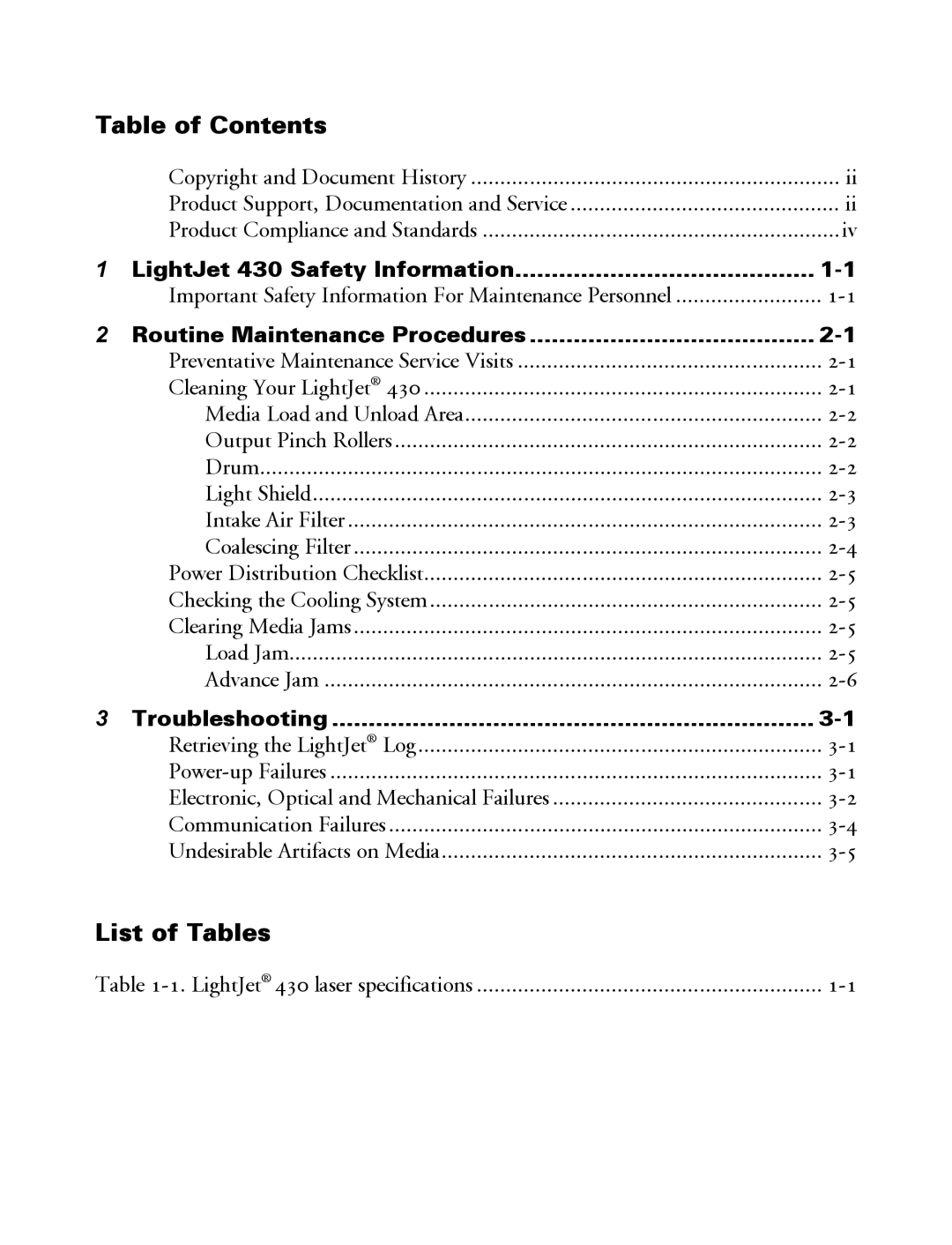 Oce North America 430 manual Table of Contents, List of Tables 