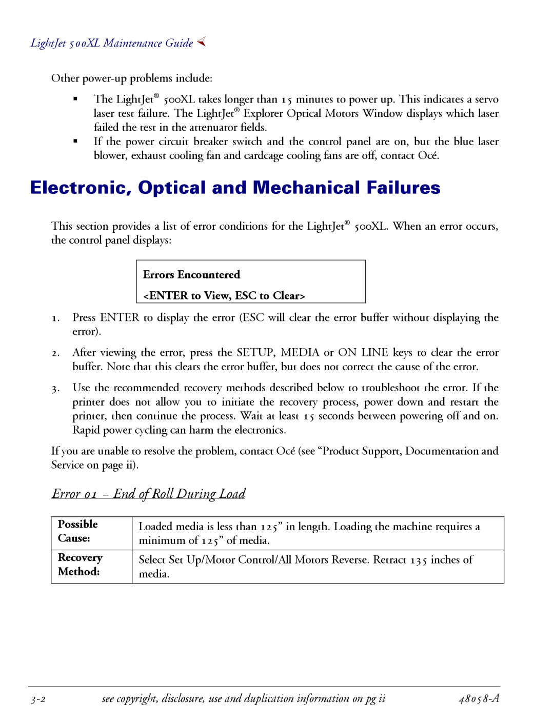 Oce North America 500XL manual Electronic, Optical and Mechanical Failures, Error 01 End of Roll During Load 