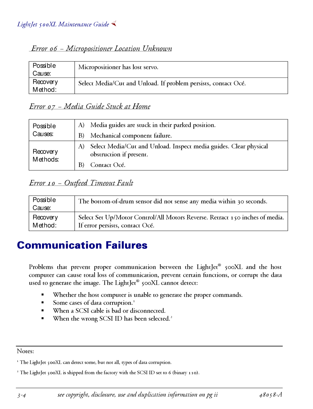 Oce North America 500XL Communication Failures, Error 06 Micropositioner Location Unknown, Error 10 Outfeed Timeout Fault 