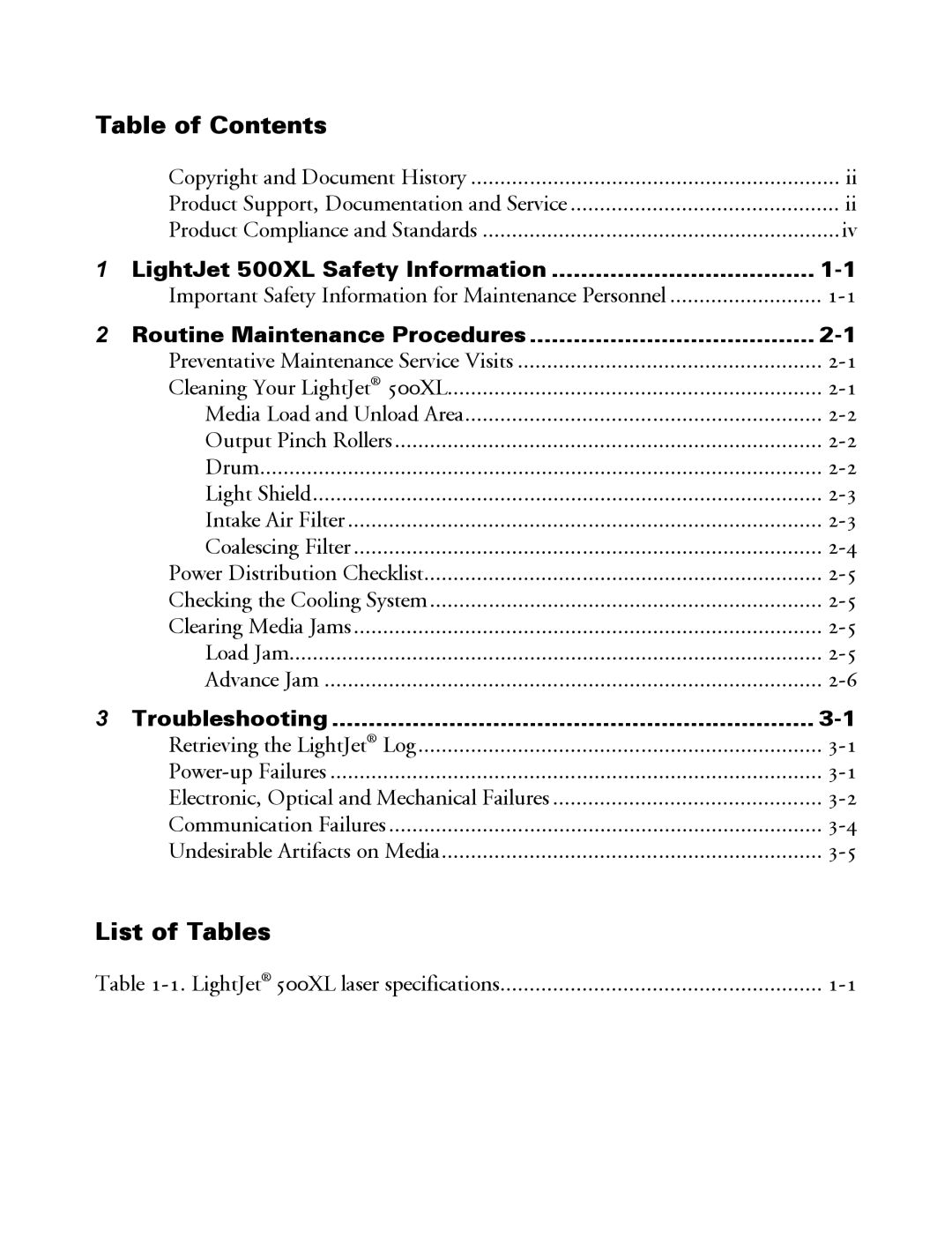 Oce North America 500XL manual Table of Contents, List of Tables 