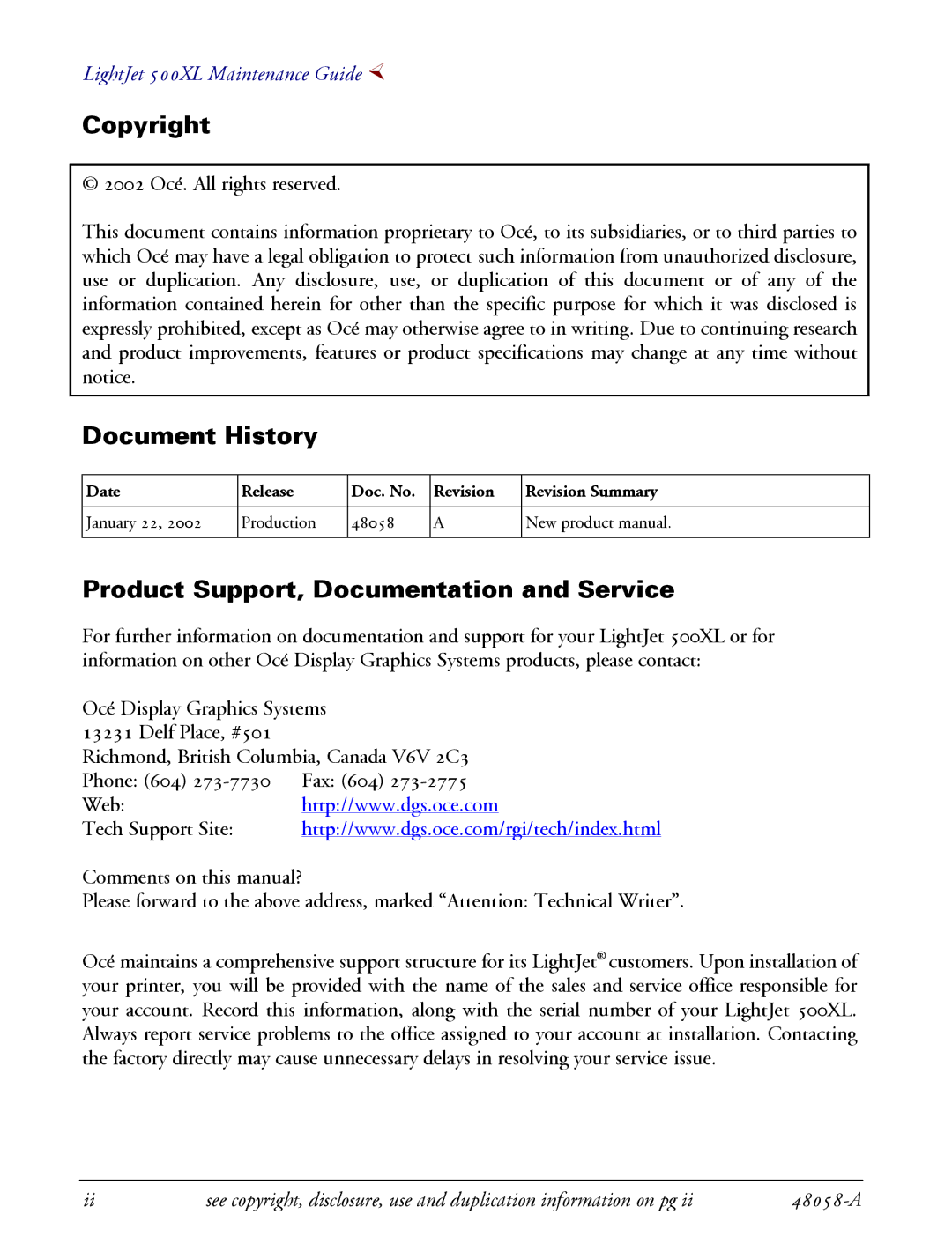 Oce North America 500XL manual Copyright, Document History, Product Support, Documentation and Service 