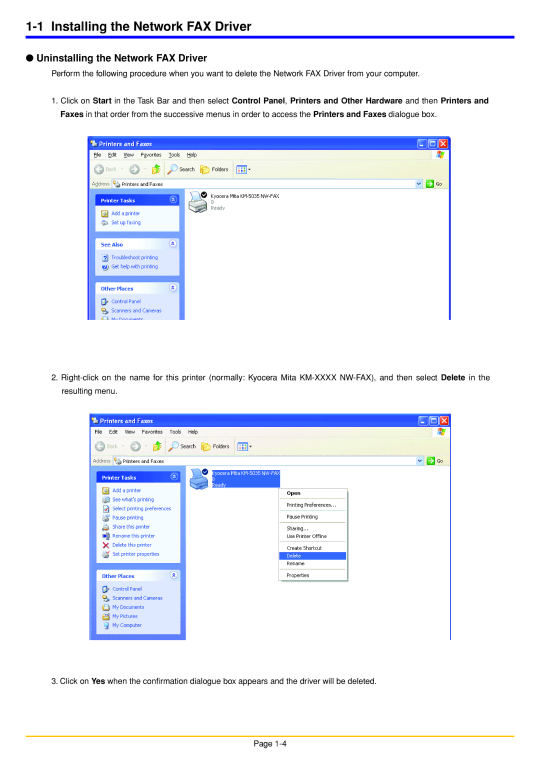 Oce North America OP1030, OP1050, OP1040 manual Uninstalling the Network FAX Driver 